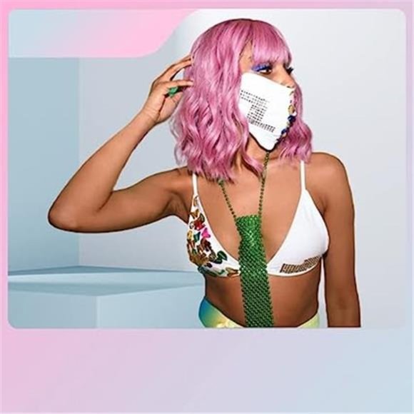 Pastel WavyWig With AirBangs Women's Short Bob Purple Pink Curly Shoulder Length - Picture 2 of 6